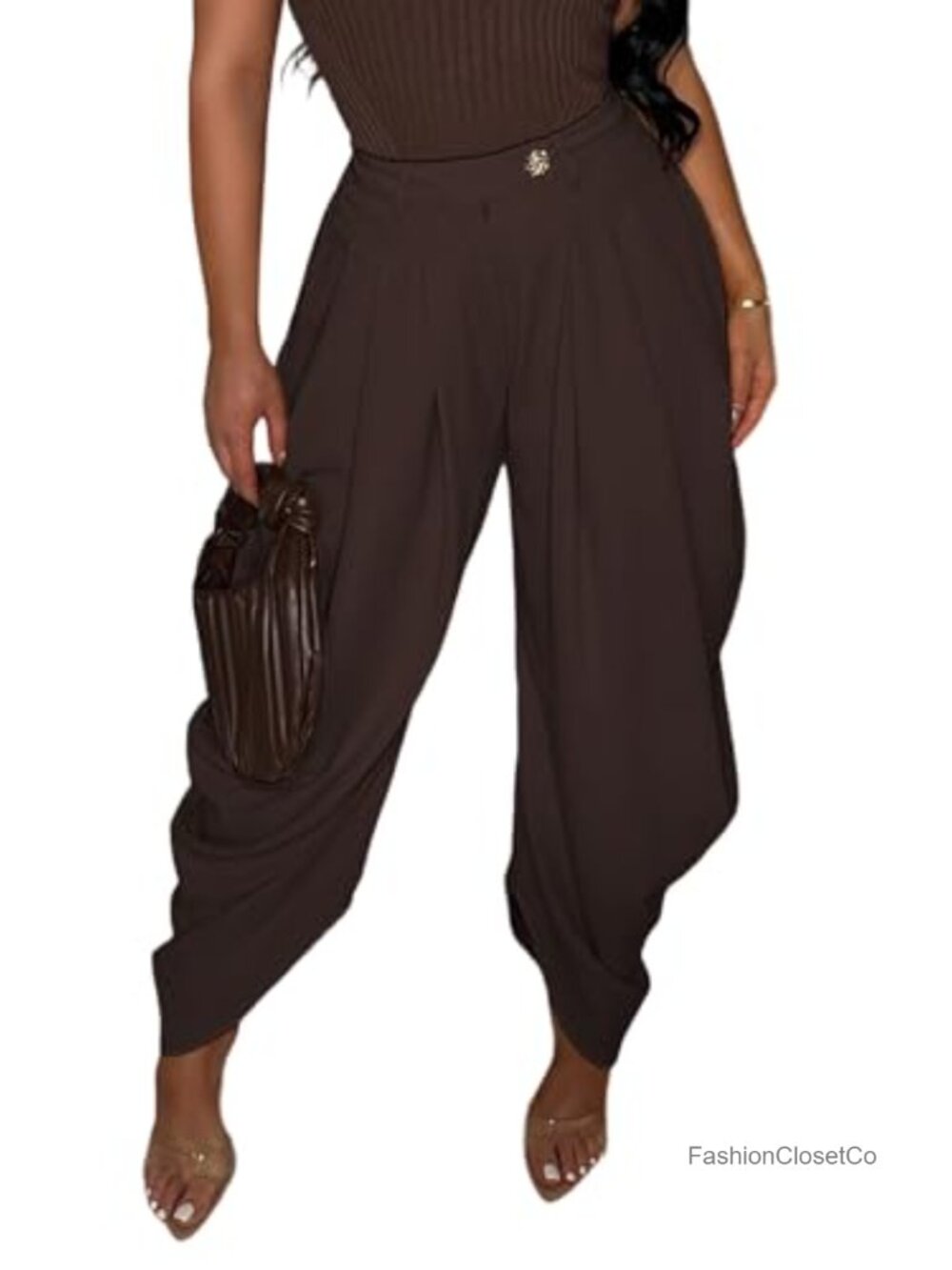 Women's Baggy Wide Leg Pleated Palazzo Trousers High Rise Stretch